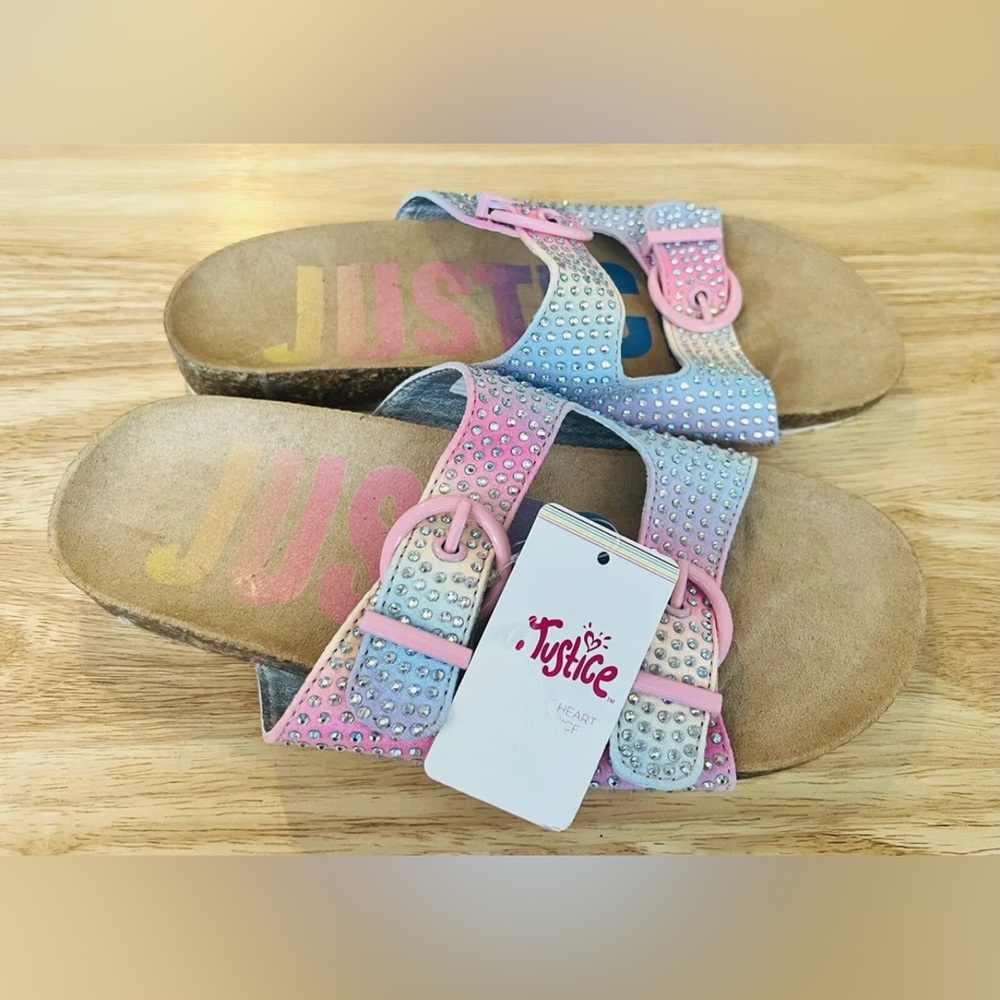Justice Girl’s Slip-on Summer Footbed Sandals Rhinestone Rainbow Sz. 4